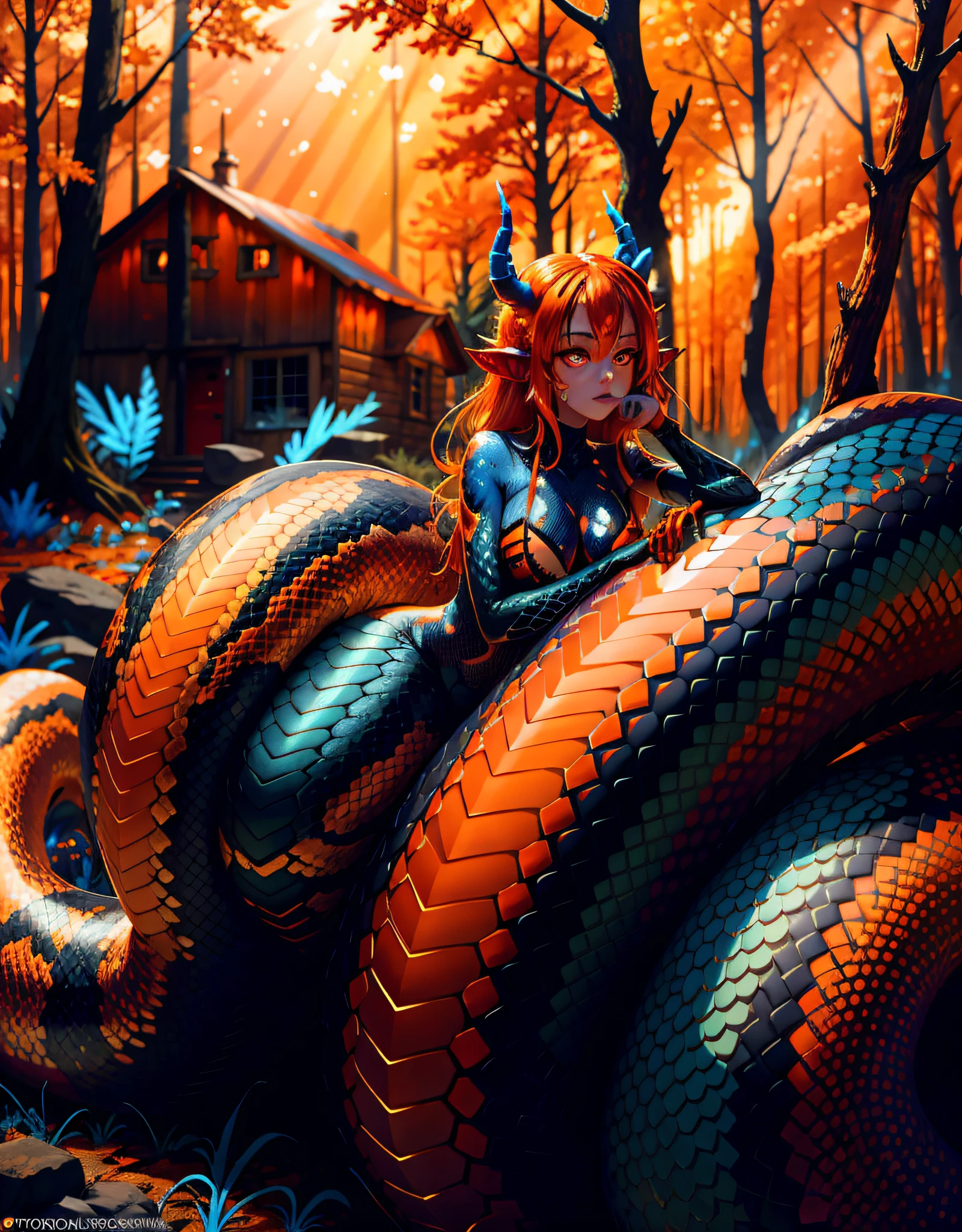 detailed snake skin, (mature ), solo focus, (lamia), stoic, monster girl, (short horns), beautiful eyes, beautiful background, abandoned cabin, forest, light particles, sun rays, dramatic lighting, outside, grass, leaves, shiny (red, orange, blue gradient:1.5), realistic, masterpiece, best quality, ultra-detailed, detailed, scenery, beautiful detailed eyes, detailed hair