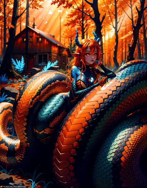 detailed snake skin, (mature ), solo focus, (lamia), stoic, monster girl, (short horns), beautiful eyes, beautiful background, a...