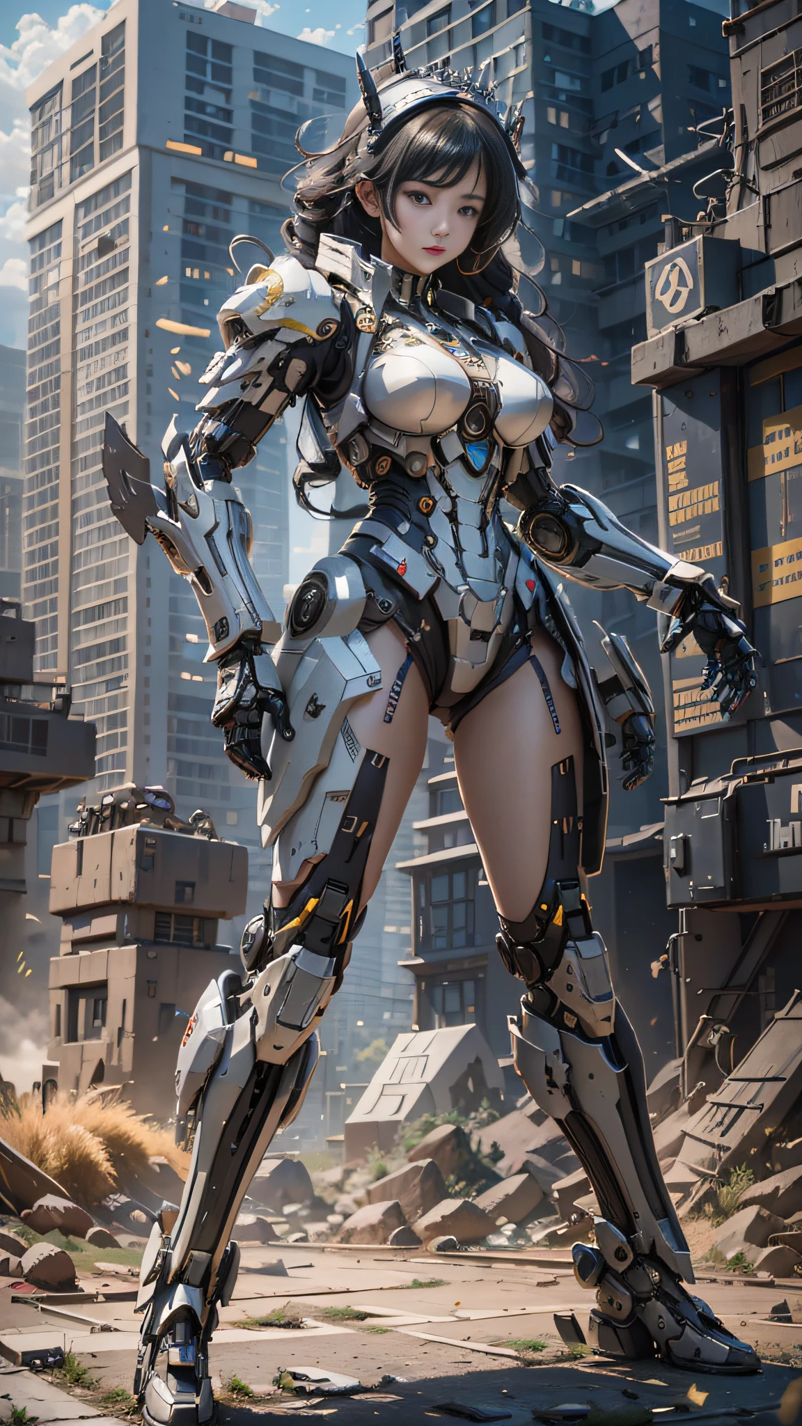 (Best Quality)), ((Masterpiece)), (Very Detailed: 1.3), 3D, master chef-mecha, Beautiful cyberpunk woman wearing crown, with master chef style armor, sci-fi technology, HDR (High Dynamic Range), ray tracing, nvidia RTX, super resolution, unreal 5, subsurface scattering, PBR texture, post-processing, anisotropic filtering, depth of field, maximum sharpness and sharpness, multi-layer texture, Specular and albedo mapping, surface shading,  accurate simulation of light-material interactions, perfect proportions, octane rendering, duotone lighting, low ISO, white balance, rule of thirds, wide aperture, 8K RAW, high efficiency subpixels, subpixel convolution, light particles, light scattering, Tyndall effect, very sexy, full body, battle pose, black hair with braids,