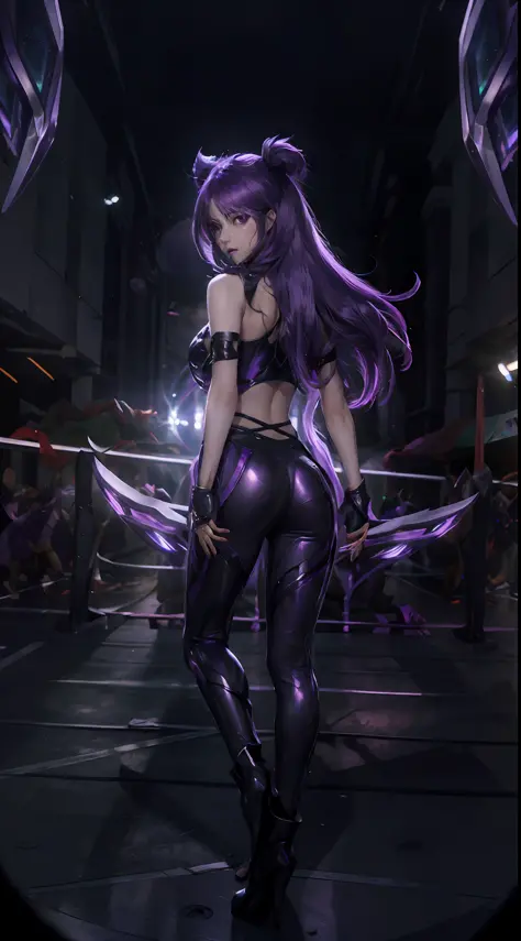 1girl, kai'sa, League of Legends, Kasha, KDA, purple wings, deep purple hair, purple eyes, serious expression, intense glare, looking at the audience, from behind, (dynamic pose), (void wings), weapons, masterpieces,