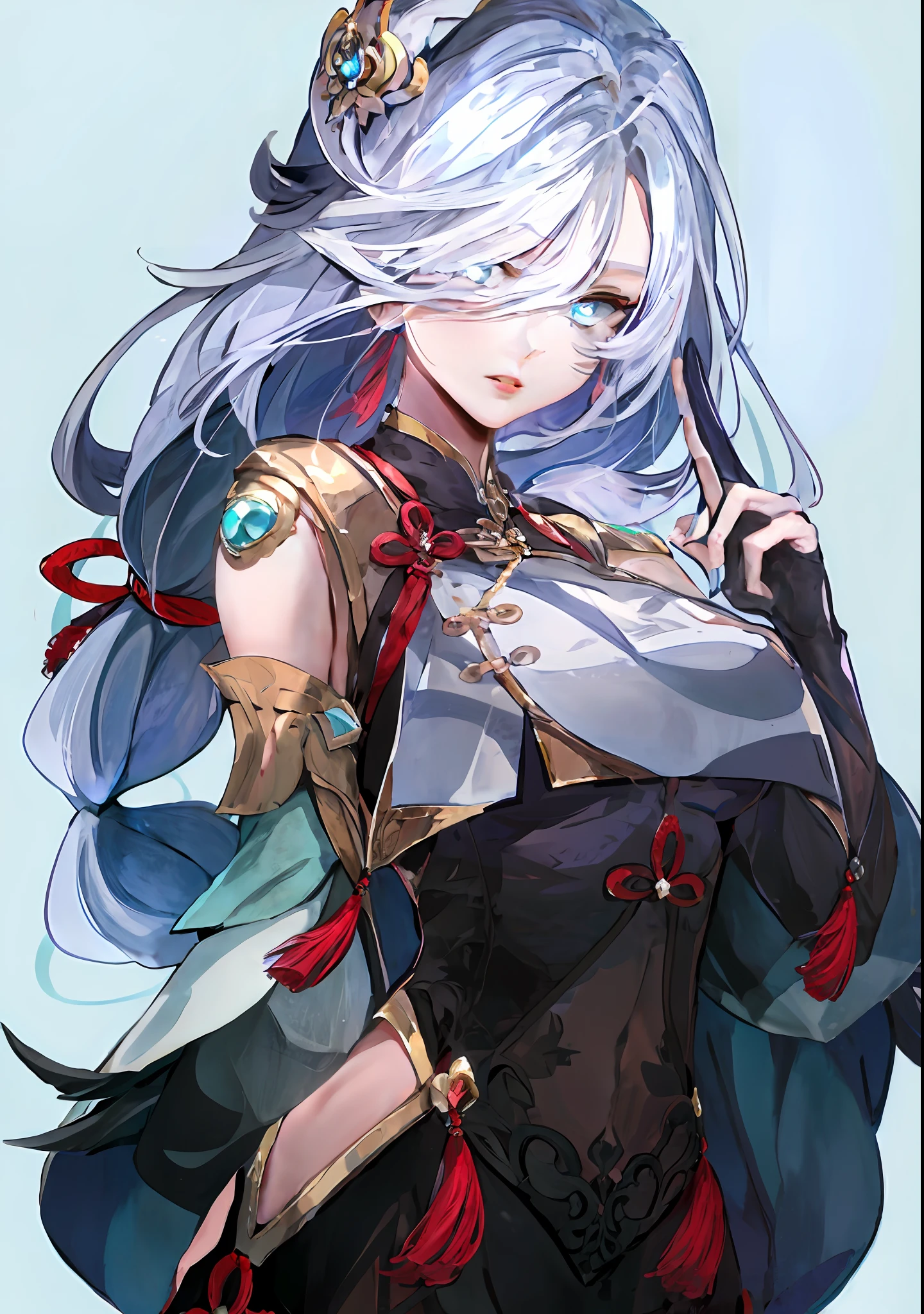 Chica de anime de ojos azules de cabello blanco con traje negro, estilo onmyoji, Exquisito y meticuloso, detalles sobresalientes. El retrato de la chica del zodiaco como caballero, Kusart Krenz en momentos clave. El dios de pelo blanco Ash que apareció en el Onmyoji y el dios original Shocked Ayaka Genshin Nakari chocaron juntos, y la imagen tuvo una sensación de impacto.