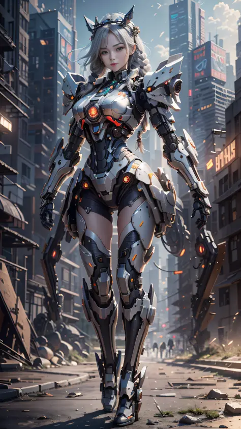 (Best Quality)), ((Masterpiece)), (Very Detailed: 1.3), 3D, master chef-mecha, Beautiful cyberpunk woman wearing crown, with master chef style armor, sci-fi technology, HDR (High Dynamic Range), ray tracing, nvidia RTX, super resolution, unreal 5, subsurfa...