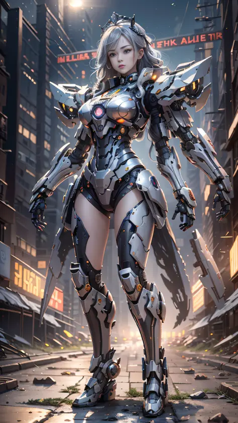 (Best Quality)), ((Masterpiece)), (Very Detailed: 1.3), 3D, master chef-mecha, Beautiful cyberpunk woman wearing crown, with mas...