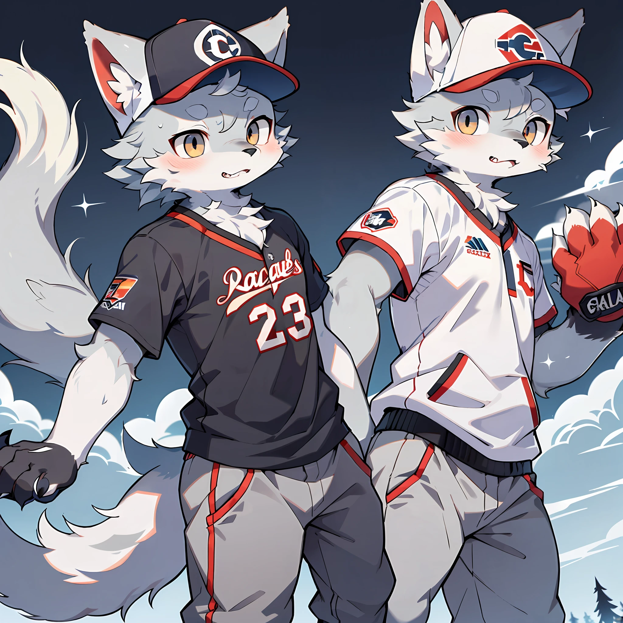 Solo, furry, male arctic fox, furry, full fur, gray fur, gray ears, golden eyes, sharp claws, fluffy tail, baseball uniform, baseball cap, baseball pants, baseball attire, standing on a baseball field, sweating, sports