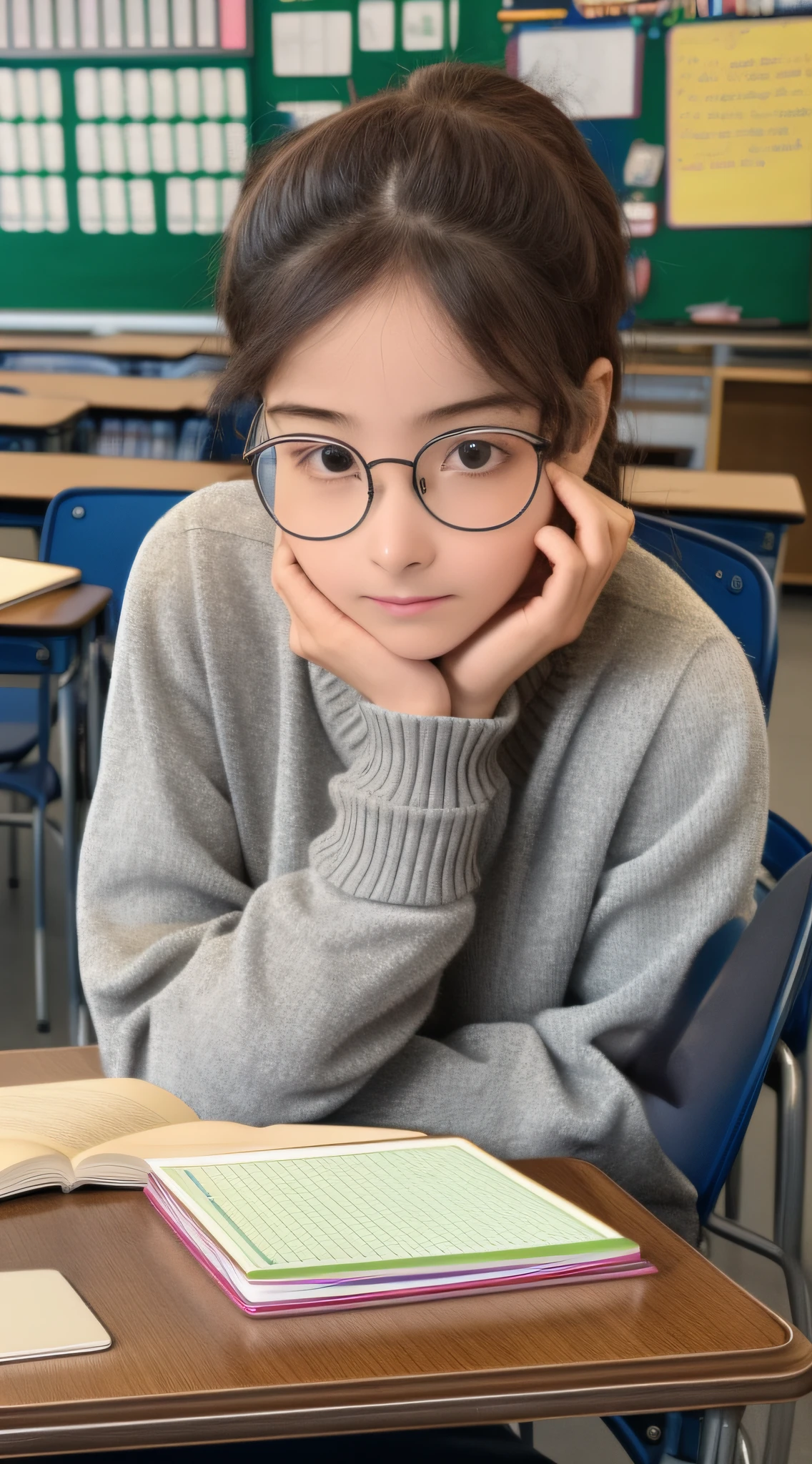 The girl sat at a desk in the classroom with notebooks, pencils and stationery boxes. She leaned forward slightly, her hands resting lightly on the table, as if she was listening carefully. Her facial expression was focused and serious, and her slightly furrowed brow showed that she was thinking.
Her hair was slightly disheveled, as if she had just combed it with her fingers. She wears a pair of glasses with slightly exaggerated frames that highlight her personality. She wears a simple gray sweater and jeans that looks comfortable and casual.
The backdrop of this classroom is rows of neatly arranged tables and chairs, and on a blackboard are written the teacher's explanations and some formulas. The atmosphere in the classroom was quiet and focused, and no other sounds disturbed the girl except the teacher's voice and the sound of turning books from time to time. Surrealist style, real people --auto --s2