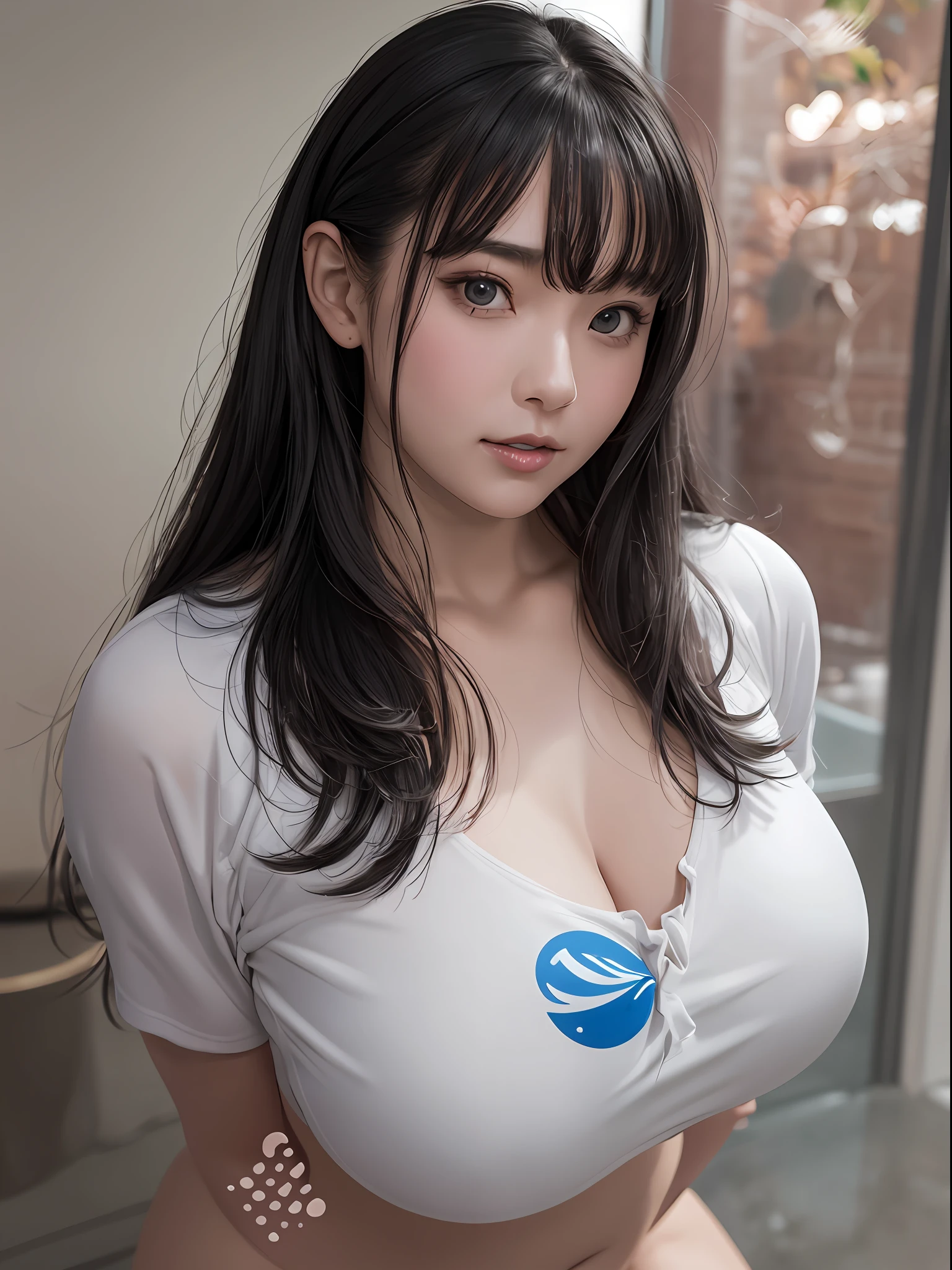 1 Girl, Overflow, (Curvaceous Body:0.8), Uncensored,Exposed Shoulders, Angel Face, Detailed Face, Backlit, Facial Light, (Smile and Drowsiness and Ecstasy Expression:1.2)(Perfect Female Figure)(Sharp Focus),(Realistic Moisture Skin),Detail Eyes,(Curvaceous Body:0.8), (wavy Hair:1.2), Black Eyes, Best Quality, Ultra High Resolution, (Photorealistic), (Wet Skin), (Camera Focus on Face), (front View), Hetero, (pureerosface_v1:0.6), big , (big , jav