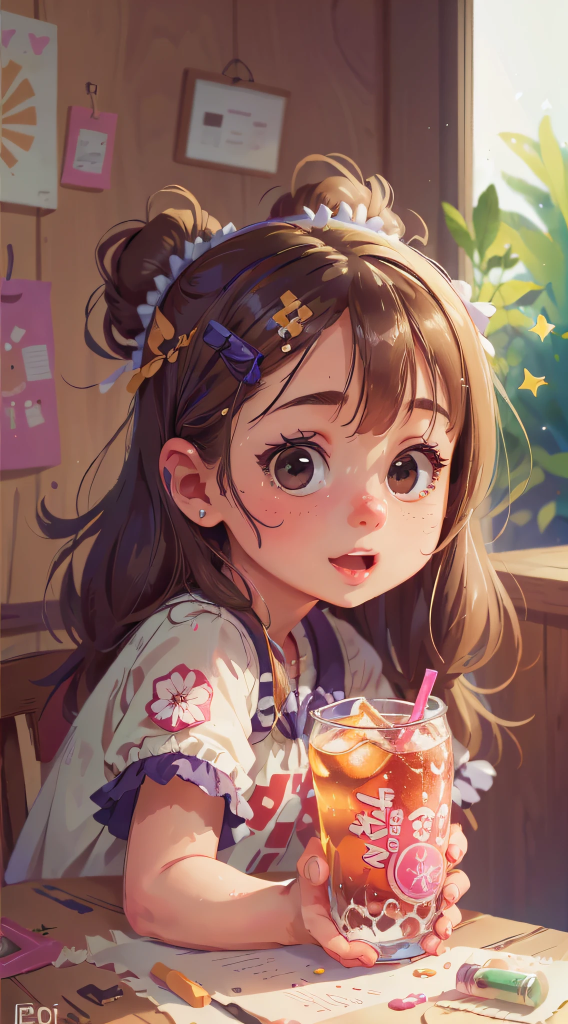 Girl, soda, happy, Perfect quality, clear focus (clutter-home: 0.8), (masterpiece: 1.2) (Realistic: 1.2) (Bokeh) (Best quality) (Detailed skin: 1.3) (Intricate details) (8K) (Detail eyes) (Sharp focus), (Happy)