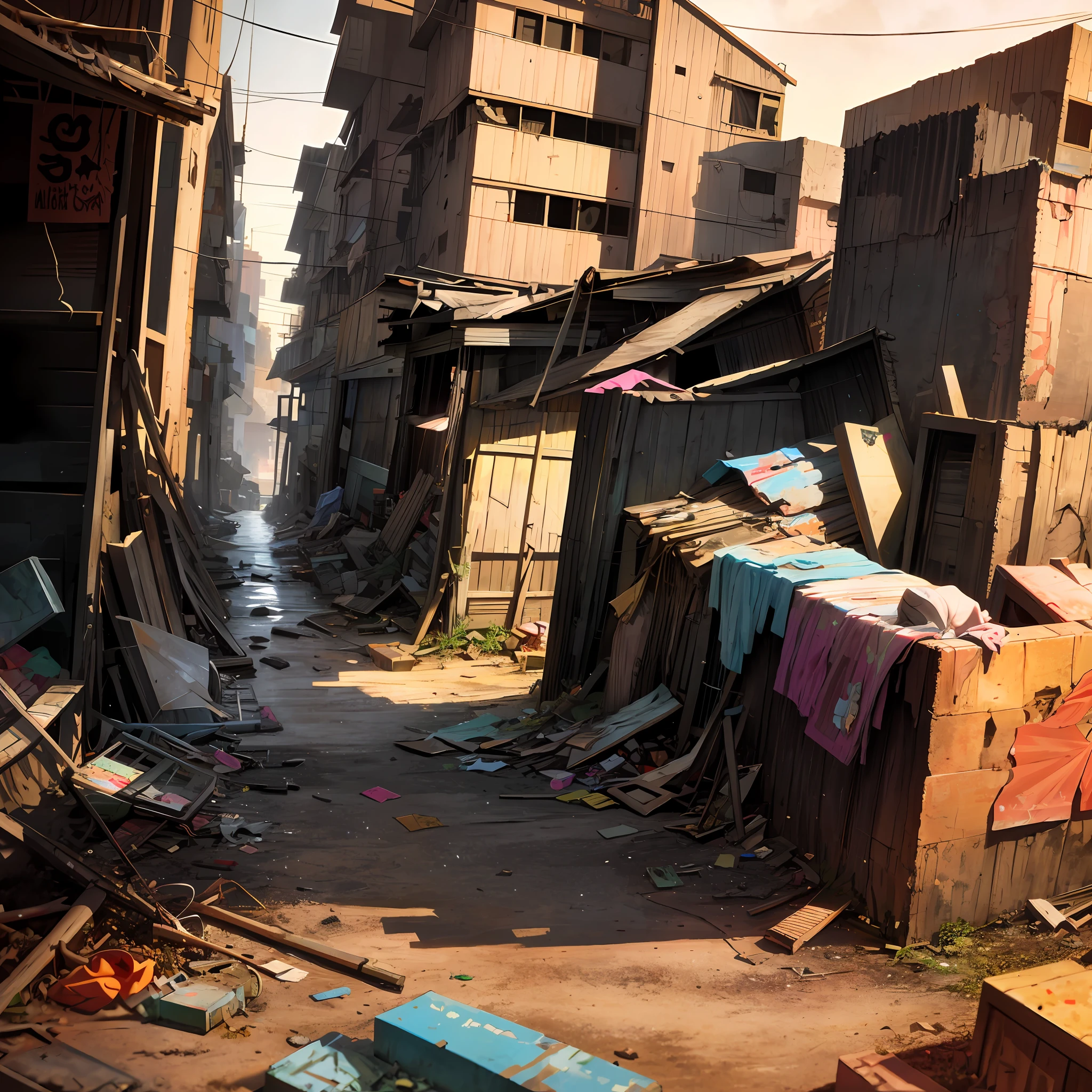 small_town, slum, suburb, vibrant, dark, grown-up, (post_apocalyptic:0.8), reclaimed_by_com garbage, scrap, idyllic, sublime, absurd, hyper-realism, textured, maximum_detail, dslr
