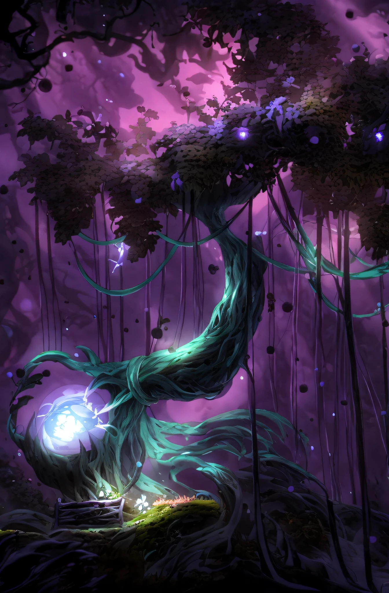 there is a cartoon picture of a tree with a purple ball in it, background art, of an evil tree wizard, ent treant dryad, forest spirit, forest soul, treant, spirit of the forest dwells, background artwork, mana flowing around it, magic tree, ori and the blind forest, aurelion sol, tree druid