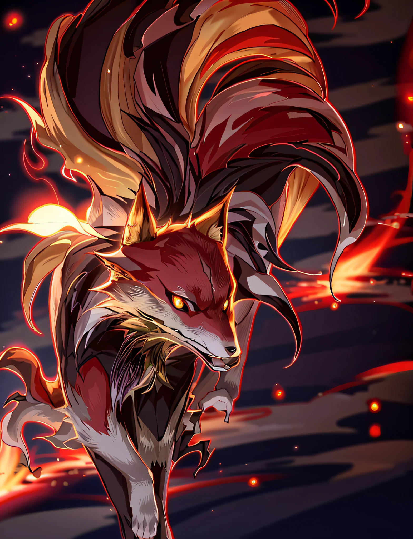 anime picture of a fox with a long mane and a red eye, fox nobushi, nine tails, kitsune three - tailed fox, three - tailed fox, kitsune, ninetales, ryuu, ethereal fox, kitsune holding torch, okami, amaterasu, fire type, fantasy fox love, fox tail, tonic the fox --auto --s2