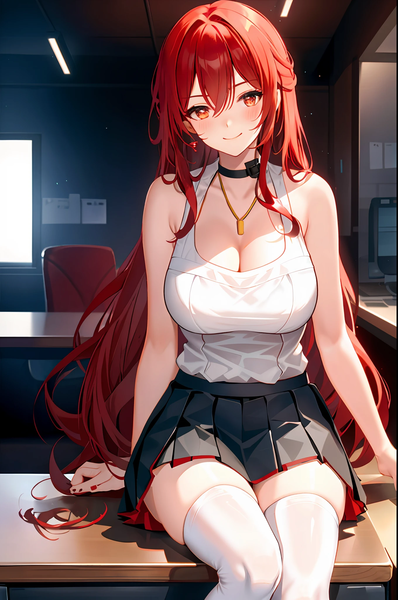 Himeko, 1girl, solo, ((white shirt)), black thighhighs, breasts, cleavage, uniform, office background, black skirt, ((pleated skirt)), office, hair between eyes, large breasts, long hair, looking at viewer, red hair, red short nails, golden eyes, solo, thighhighs, thighs, very long hair, ((masterpiece)), sitting, chair, desk, computer on desk, name tag, id tag, indoor, smile, ((blush)), shy, sexy pose,