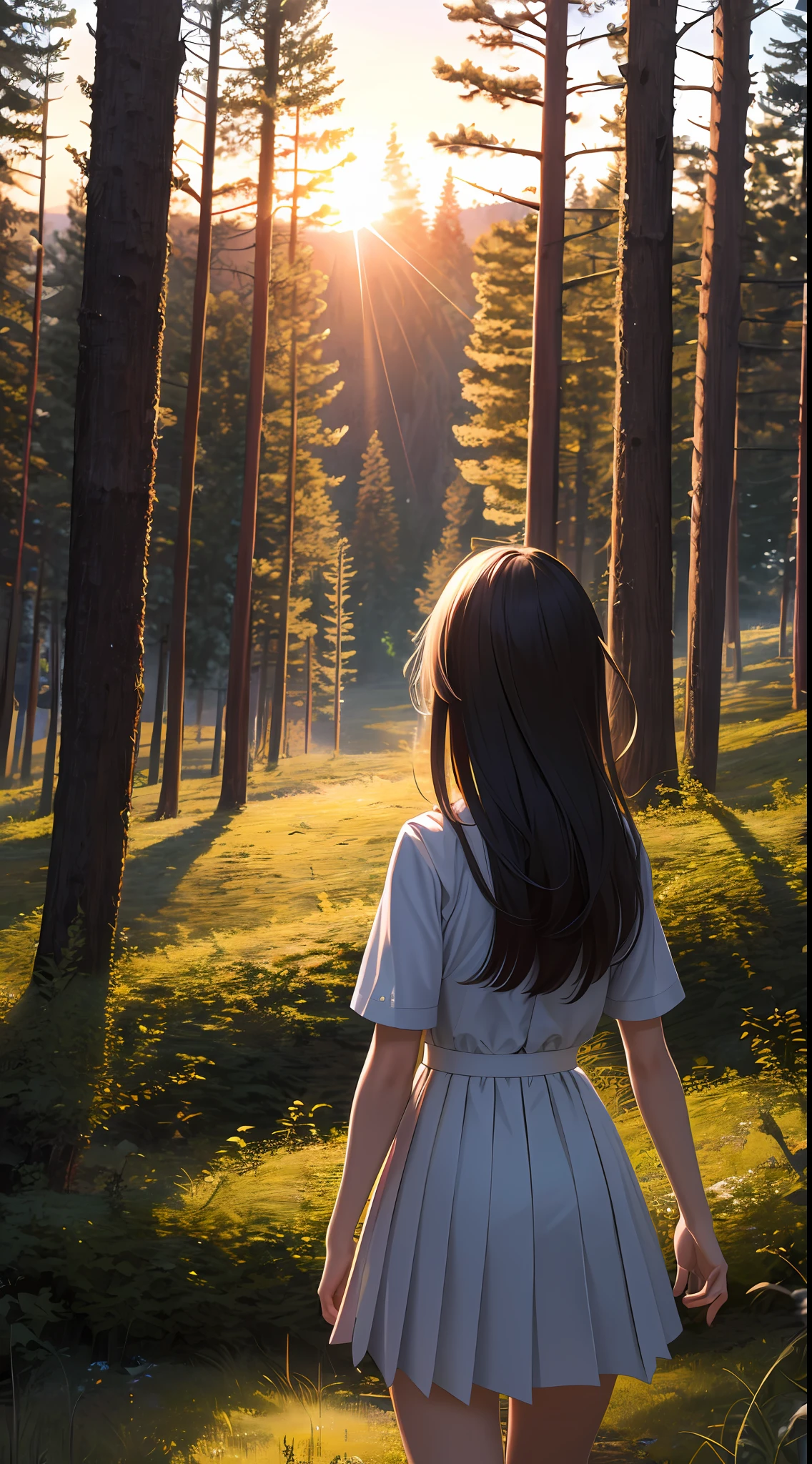 ((ultra detailed,ultra high res,detailed background)),sunrise,forest,impressive,chill,inspirational,1girl,facing away