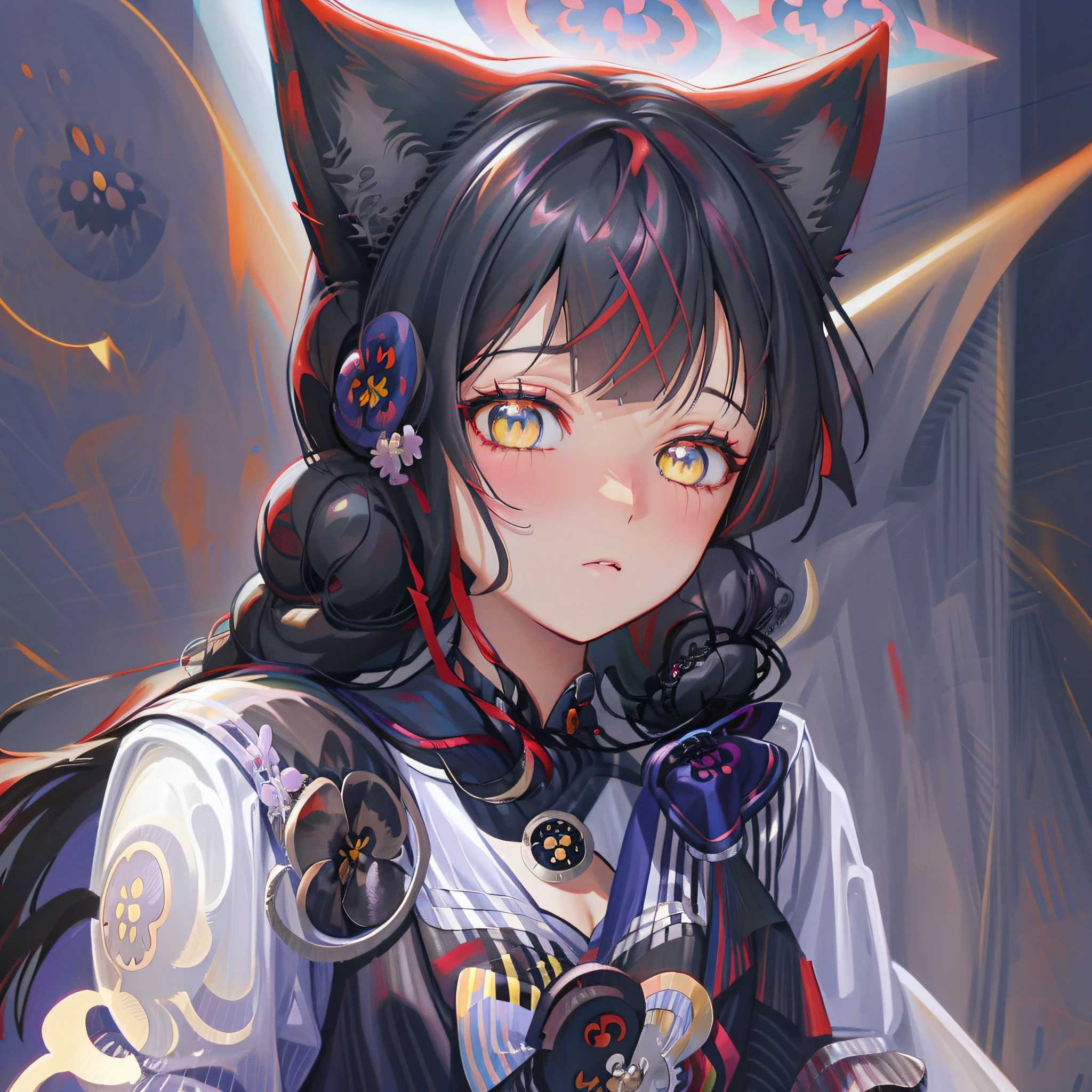 (Genshin, Cartoon, kawaii), cat-eared girl, blue eyes, (long black hair + cat ears: 1.2), (best clarity + smoothness: 1.3 + digital art: 1.2), Nakari, (steampunk + cartoon style: 1.2), (Ahri + kawaii: 1.2), ground shooting, bustling streets, (portrait + pets: 0.8)