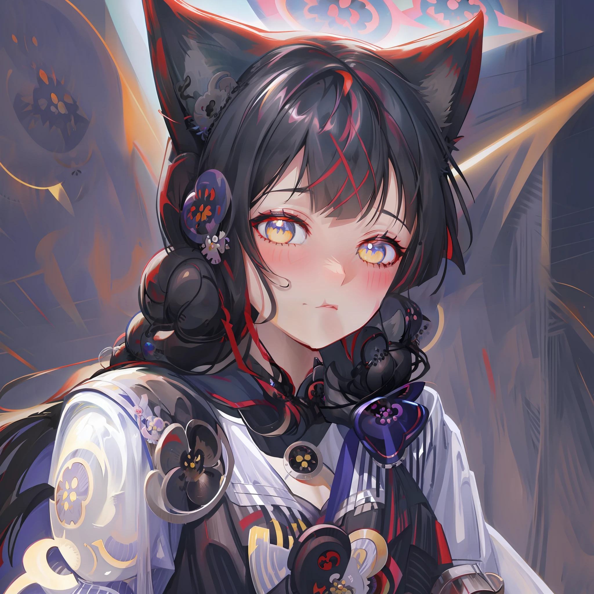 (Genshin, Cartoon, kawaii), cat-eared girl, blue eyes, (long black hair + cat ears: 1.2), (best clarity + smoothness: 1.3 + digital art: 1.2), Nakari, (steampunk + cartoon style: 1.2), (Ahri + kawaii: 1.2), ground shooting, bustling streets, (portrait + pets: 0.8)