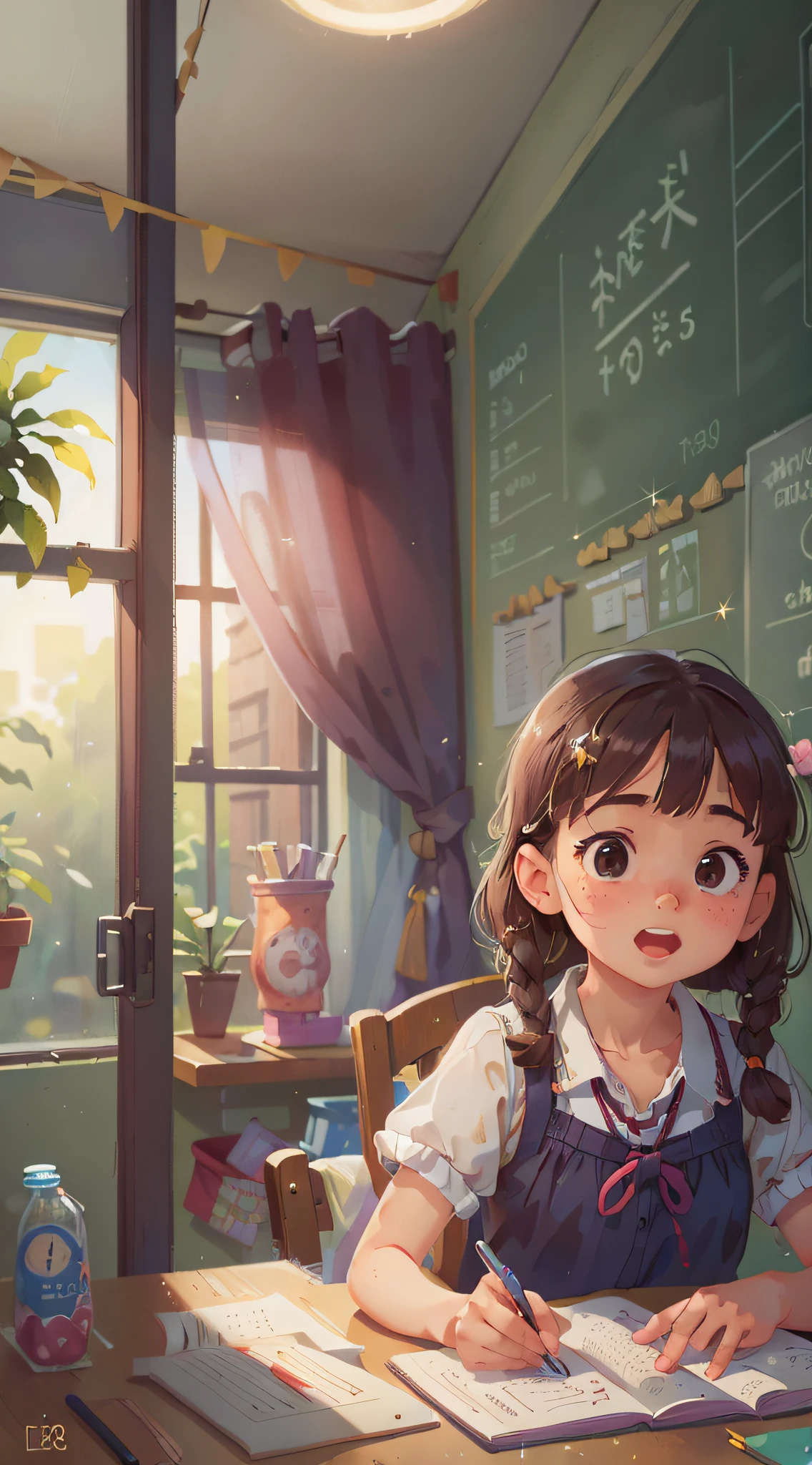 Girl, Classroom, Summer, Perfect quality, clear focus (clutter - home: 0.8), (masterpiece: 1.2) (Realistic: 1.2) (Bokeh) (Best quality) (Detailed skin: 1.3) (Intricate details) (8K) (Detail Eyes) (Sharp Focus), (Happy)