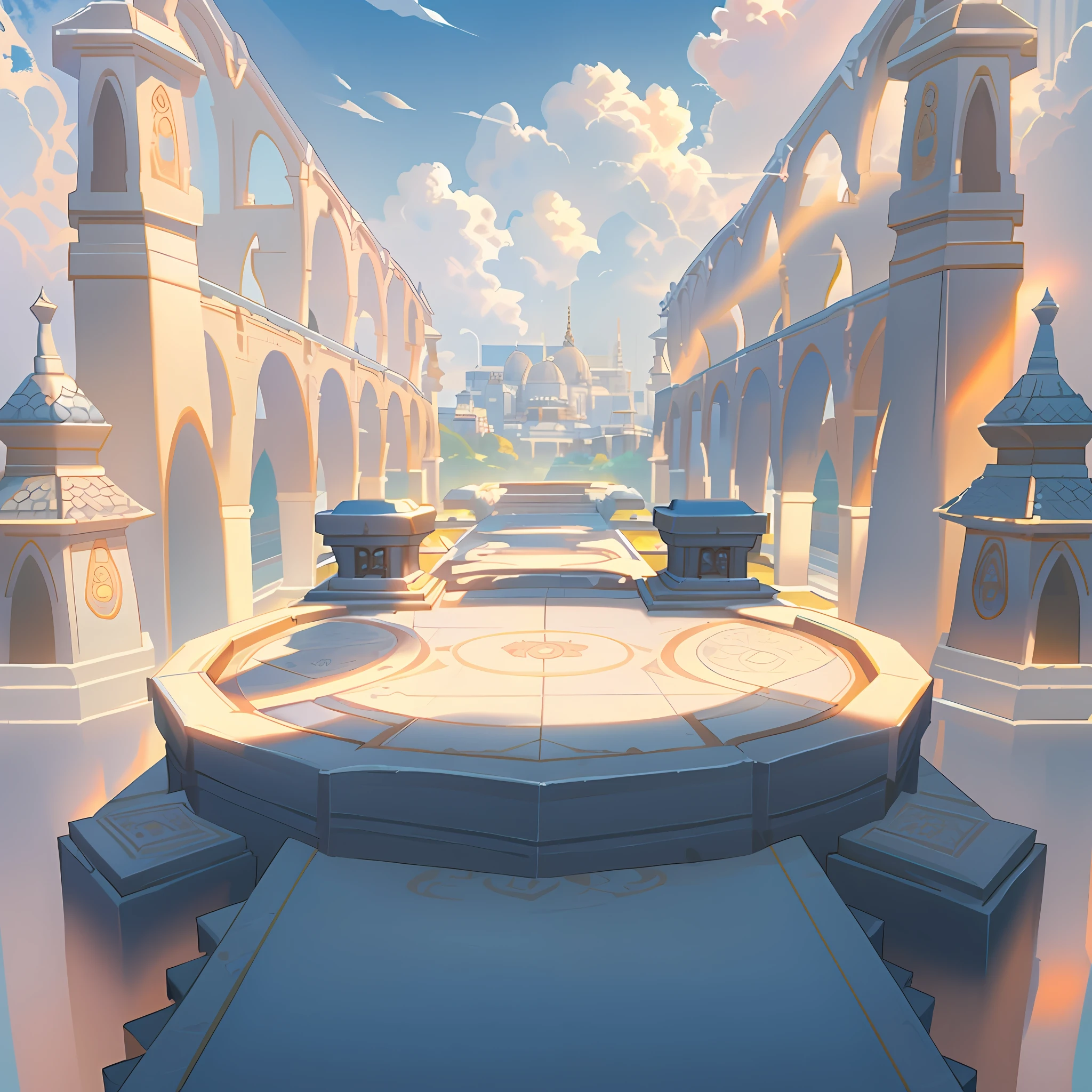 (masterpiece:1,2), best quality, masterpiece, highres, original, extremely detailed wallpaper, perfect lighting, (extremely detailed CG:1.2), drawing, paintbrush, outdoors, city, street, In the middle of the square is a circular platform, clean and tidy floor tiles, fantasy style, paradise, daytime, behind the temple, Blizzard game style, background blue sky and white clouds, sunny day, close shot, European style building, pillars