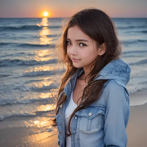 Best quality, realistic, 
1girl, gaze, upper body, jacket, closed mouth, sandy beach at sunset