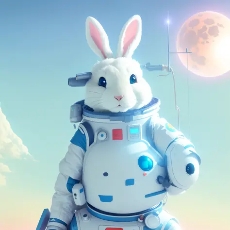 Close-up of a bunny in a spacesuit on the moon, anthropomorphic rabbit, inspired by Scott Listerfield, cute anthropomorphic rabbit in a spacesuit suit, wojtek fus, rabbit robot, magical space creature 4 K, Beeple. Surrealism, Beatle everyday art