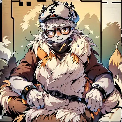 Furry, male arctic fox, gray fur, golden eyes, wearing single-rimmed glasses, artist, wearing a trench coat and berets, sitting ...