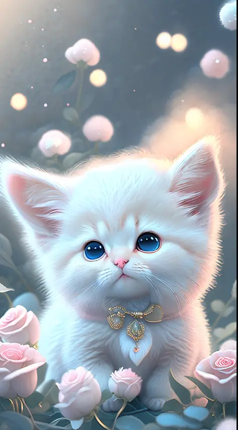In this ultra-detailed CG art, cute kittens surrounded by ethereal roses, laughter, best quality, high resolution, intricate details, fantasy, cute animals, left, funny, left!! Mouth!!! Laugh!!