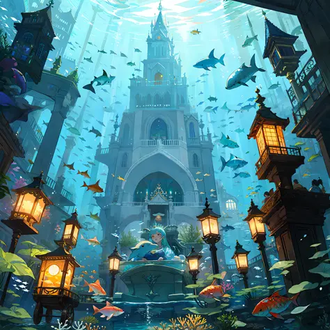 A vibrant and lively underwater city, illuminated by bioluminescent coral and aquatic plants, with various species of fish swimming around gracefully. In the city center, there is an enormous, ornate seashell throne, where a detailed regal mermaid queen ((...