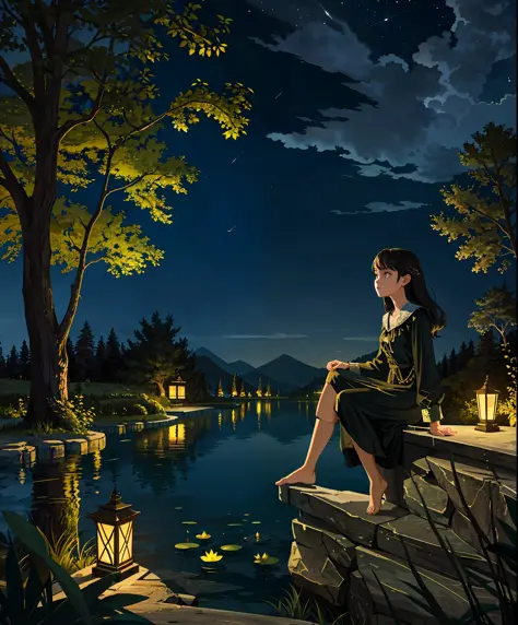 masterpiece,best quality,cinematic,dramatic,dynamic,1girl,landscape,lake,sitting,night,illumination,pond,face