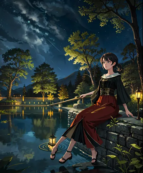 masterpiece,best quality,cinematic,dramatic,dynamic,1girl,landscape,lake,sitting,night,illumination,pond,face