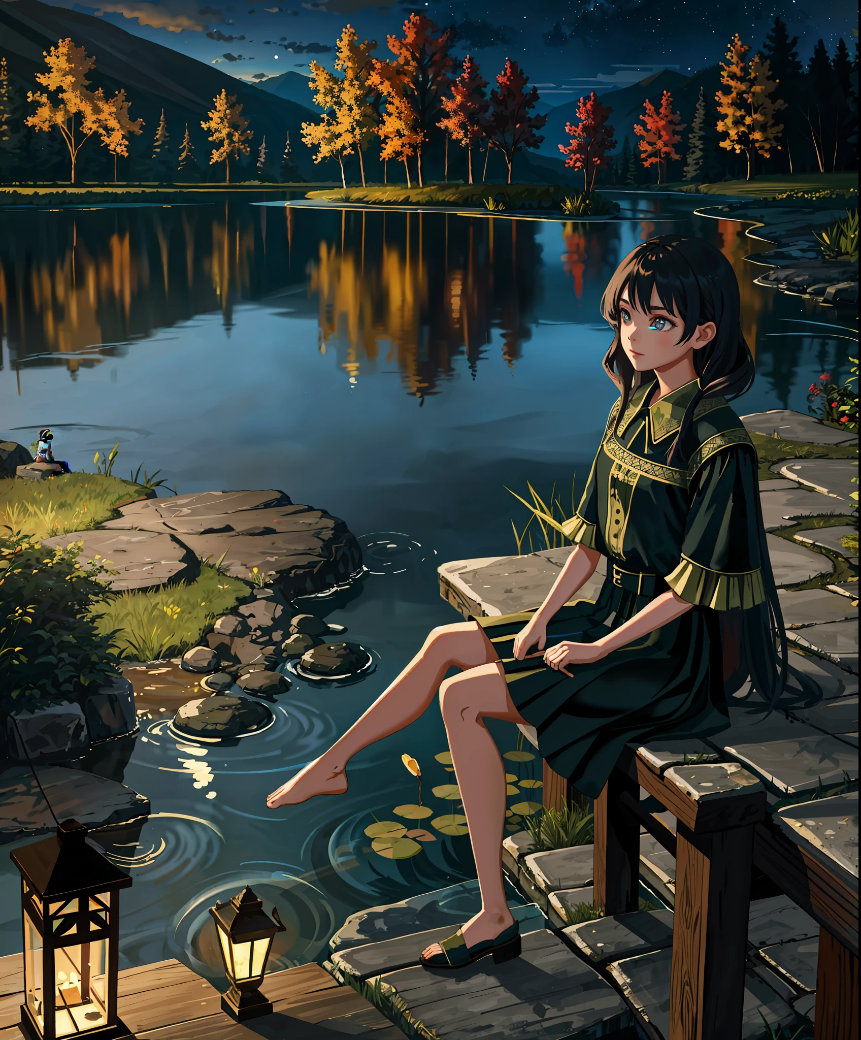 masterpiece,best quality,cinematic,dramatic,dynamic,1girl,landscape,lake,sitting,night,illumination,pond,face