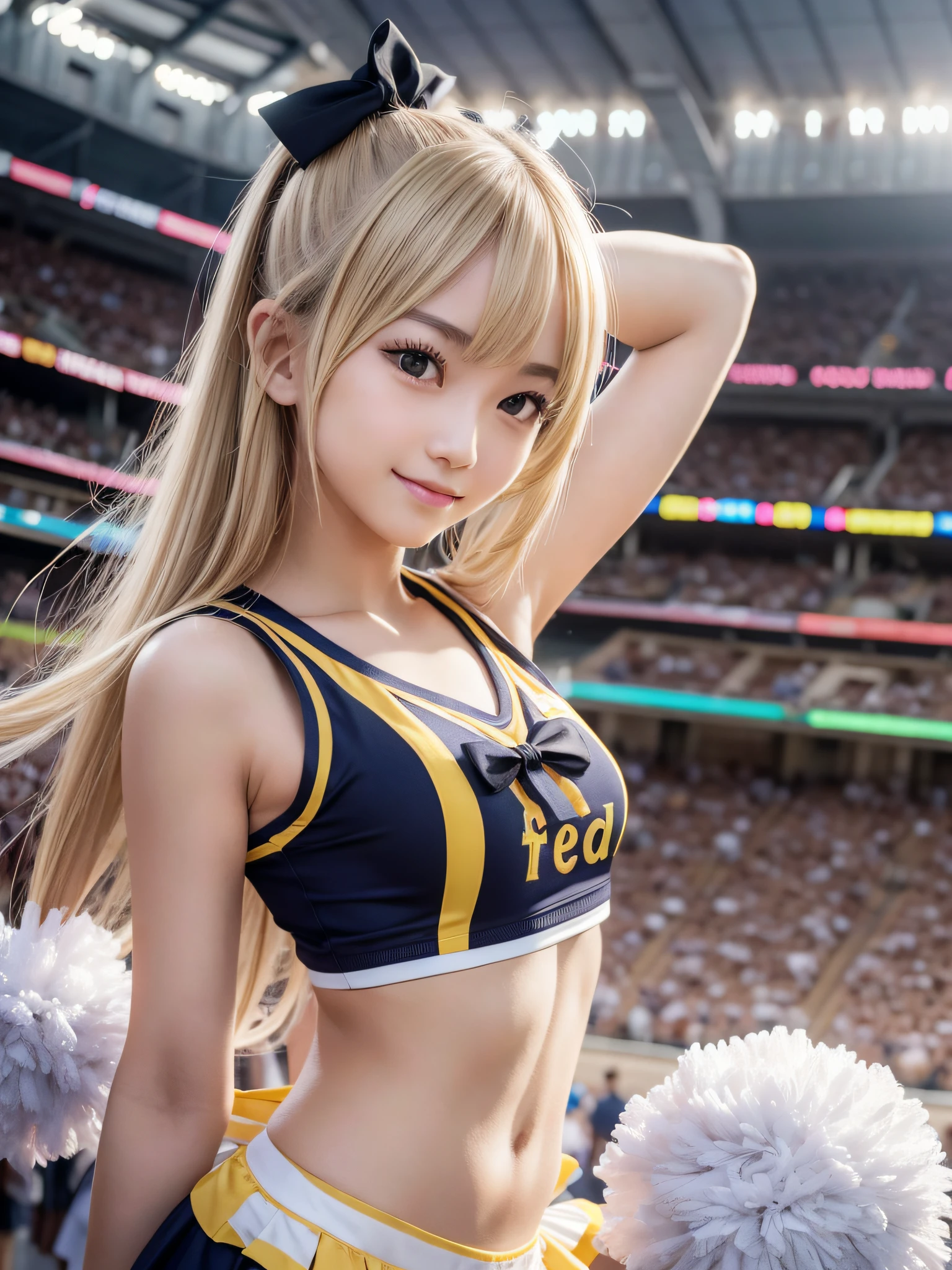 Ala-Fed Asian cheerleader posing dynamically with pom-pom in stadium, close-up, cosplay photo, anime cosplay, small breasts, RAW photo, Best Quality, High Resolution, (Masterpiece), (Photorealism:1.4), Professional Photography, Sharp Focus, HDR, 8K Resolution, Complex Details, Depth of Field, Highly detailed CG Unity 8k wallpaper, front light, NSFW, woman, girl, beautiful supermodel, smile, slender, small cheer uniform, yellow, marie rose, sailor suit