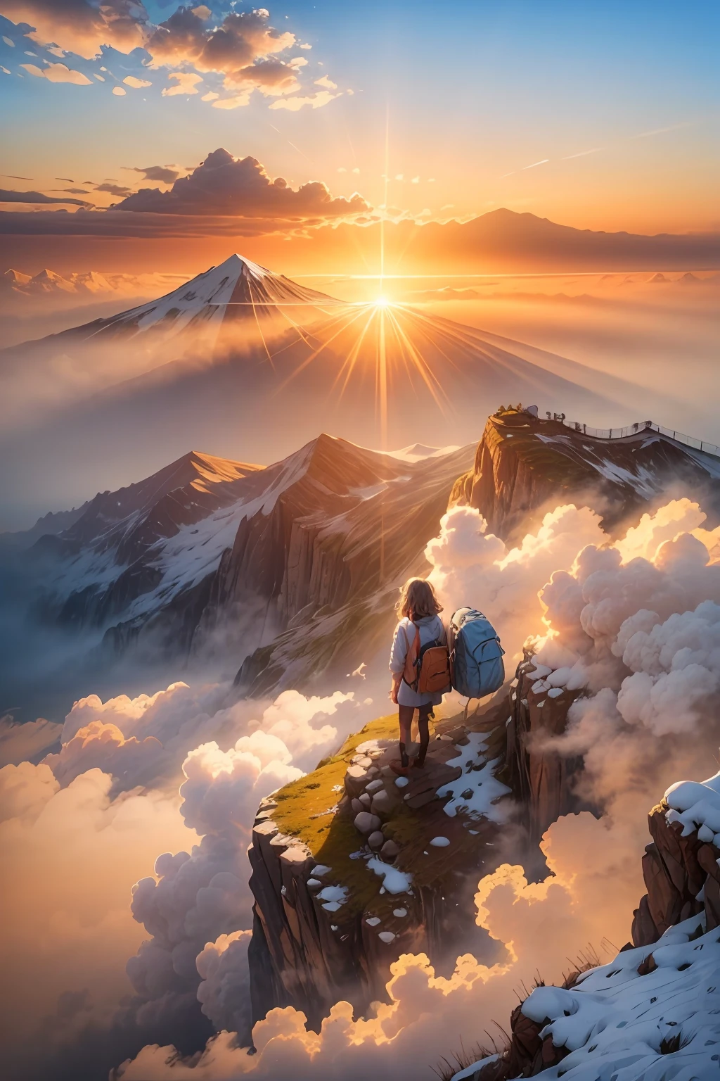 Una vista de la cima de la montaña al atardecer., donde hay brotes de otras montañas que también son visibles, hay una nube de niebla más baja que la cima de la montaña, Los rayos de sol desde el final del horizonte se ven muy hermosos dorados., la gradación de color entre el cielo azul y el sol dorado es muy hermosa de ver, BREAK, (hay una chica con una mochila mirando hacia el sol,  Parece más pequeño parado en la cima de su propia montaña., su cabello ondeando al viento)