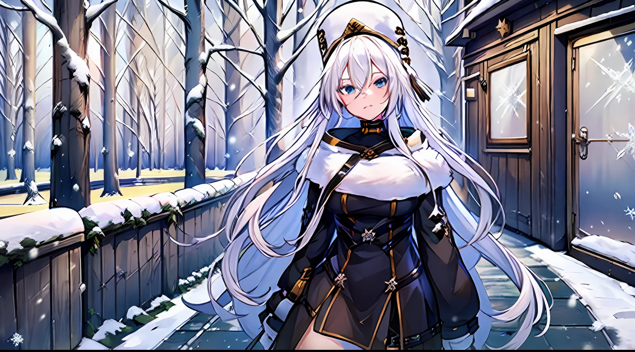 (mksks style, detailed background:1.1), sovetsky soyuz \(azur lane\), hat, feather, solo, white hair, long hair, comfy, (outdoors, winter \(season\), winter:1.3), long sleeves,