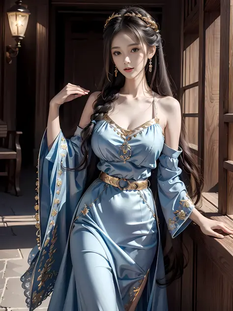 Best quality, best lighting, superb photo, best texture, silver blue flowing long hair, simple braided hair, sensual intellectual cool temperament beauty, red long dress, low-cut tucked outer skirt, ferret hair embellishment, gold exquisite belt, perfect b...