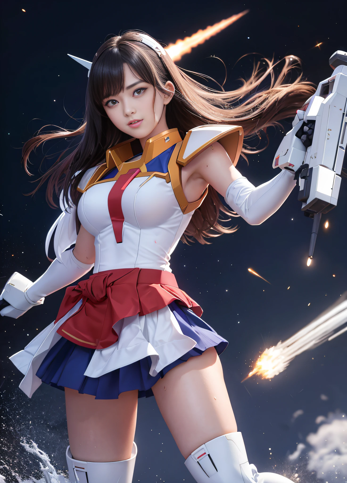 (top quality), (masterpiece), personification of Mobile Suit Gundam F91, nsfw, great highlights of the upper body, powerful mech, beam rifle, lone girl, 21 years old, baby face, beautiful eyes, modest nose, neatness, smile, absolute realm, moist wet and slightly thick thighs, short skirt, open legs, full body, outer space, scene of fighting enemies,