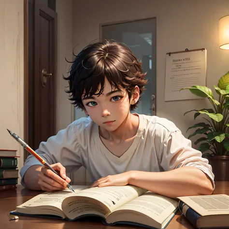 boy sitting at a table with a book and pen in front of him, realistic anime 3 d style, anime realism style, makoto shinkai. digi...