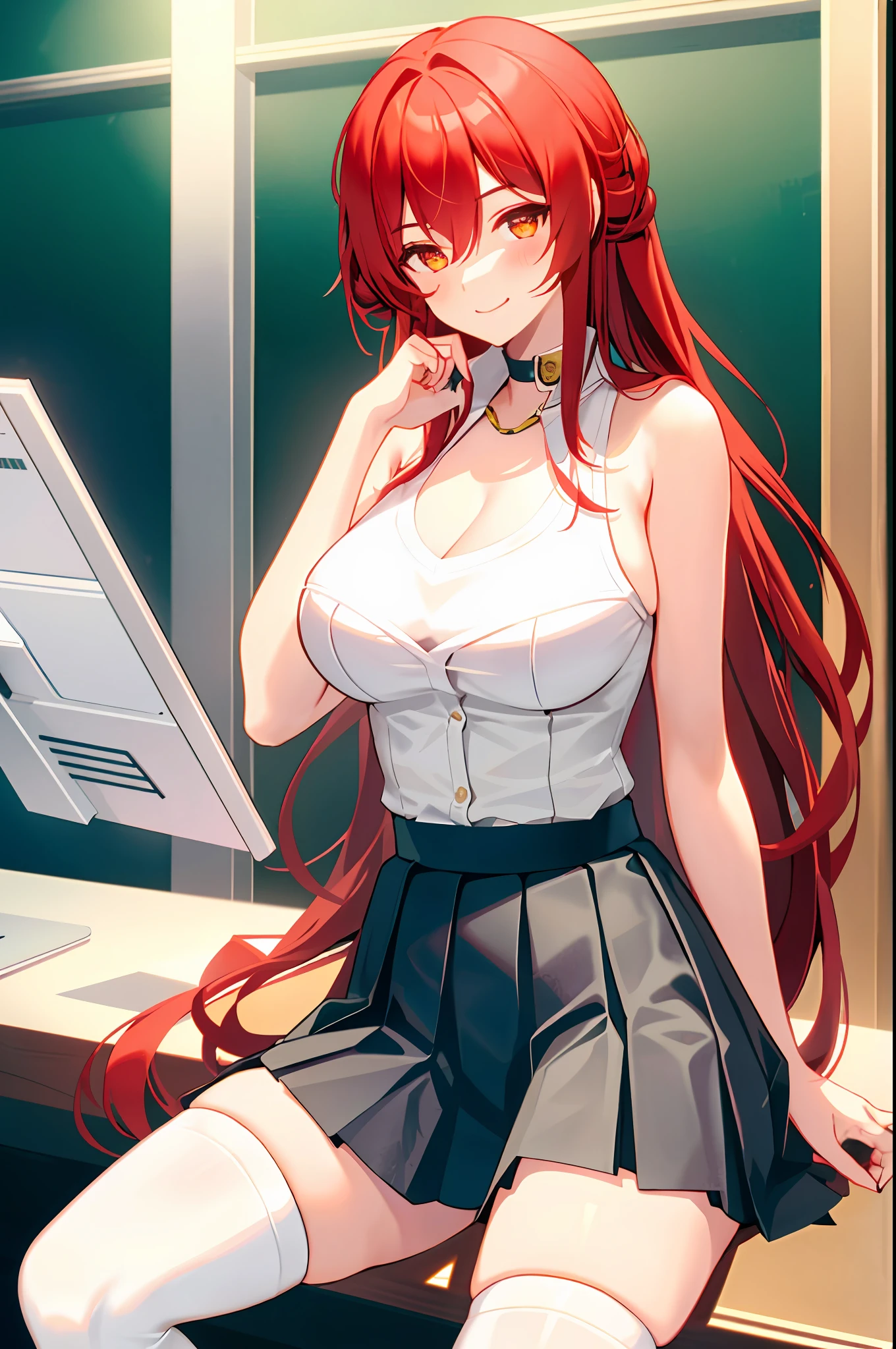 Himeko, 1girl, solo, ((white shirt)), black thighhighs, breasts, cleavage, uniform, office background, black skirt, ((pleated skirt)), office, hair between eyes, large breasts, long hair, looking at viewer, red hair, red short nails, golden eyes, solo, thighhighs, thighs, very long hair, ((masterpiece)), sitting, chair, desk, computer on desk, name tag, id tag, indoor, smile, ((blush)), shy, sexy pose,