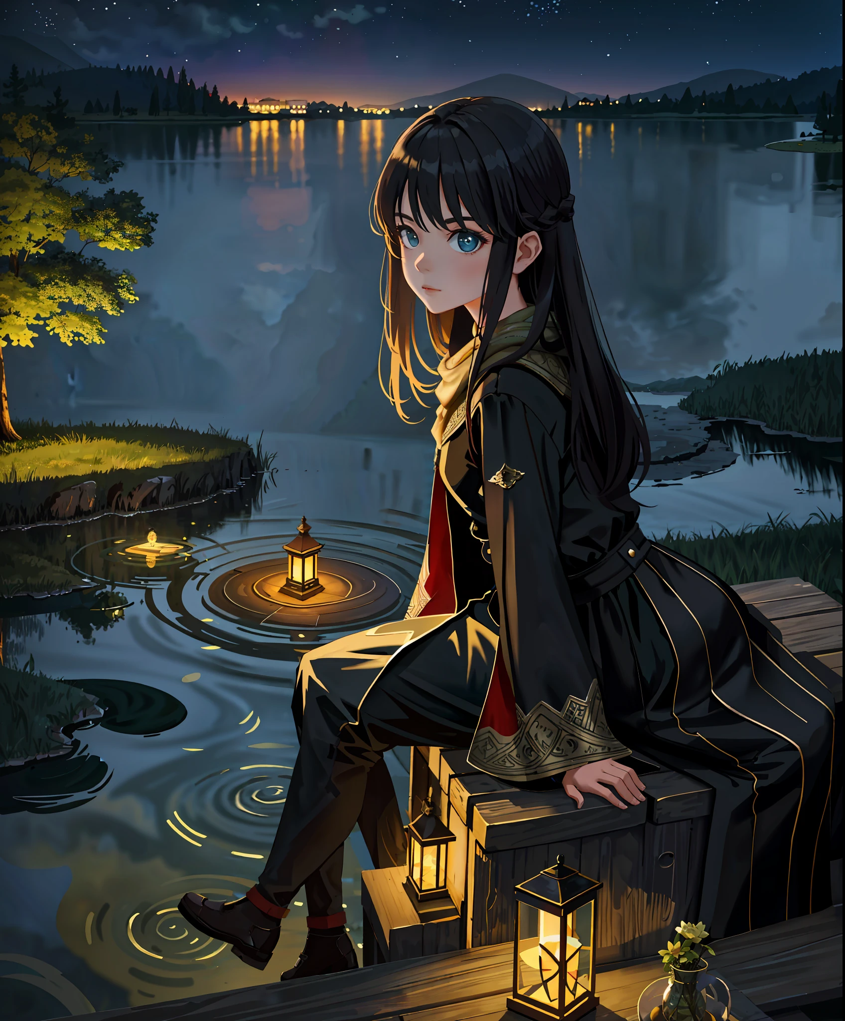 masterpiece,best quality,cinematic,dramatic,dynamic,1girl,landscape,lake,sitting,night,illumination,pond,face