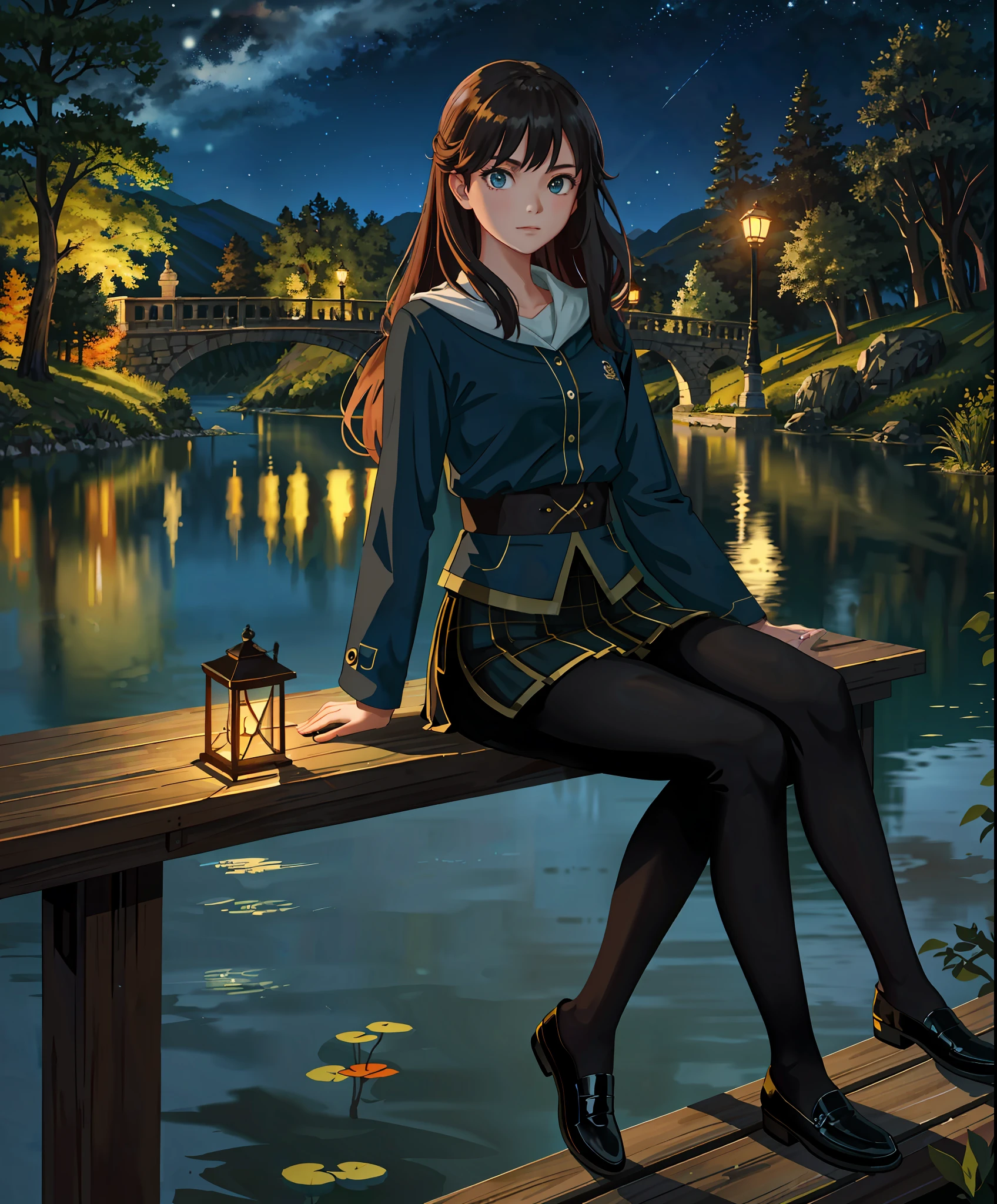 masterpiece,best quality,cinematic,dramatic,dynamic,1girl,landscape,lake,sitting,night,illumination,pond,face