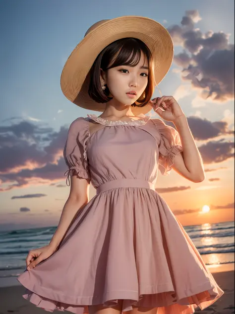 Korean, K-pop idol, Wearing a Swing Dress, 1950s, Short, Lean, sandy beach at sunset
