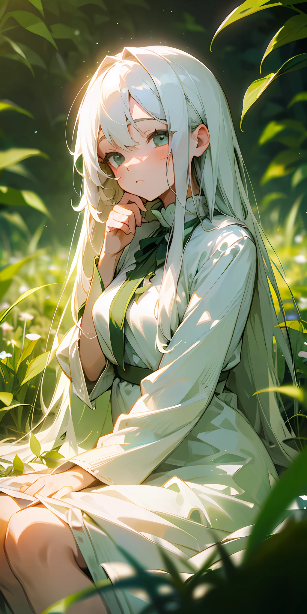 (masterpiece, top quality), one girl with long white hair sitting in a field of green plants and flowers, hand under chin, warm lighting, white dress, blurry foreground, loli, lightly dressed