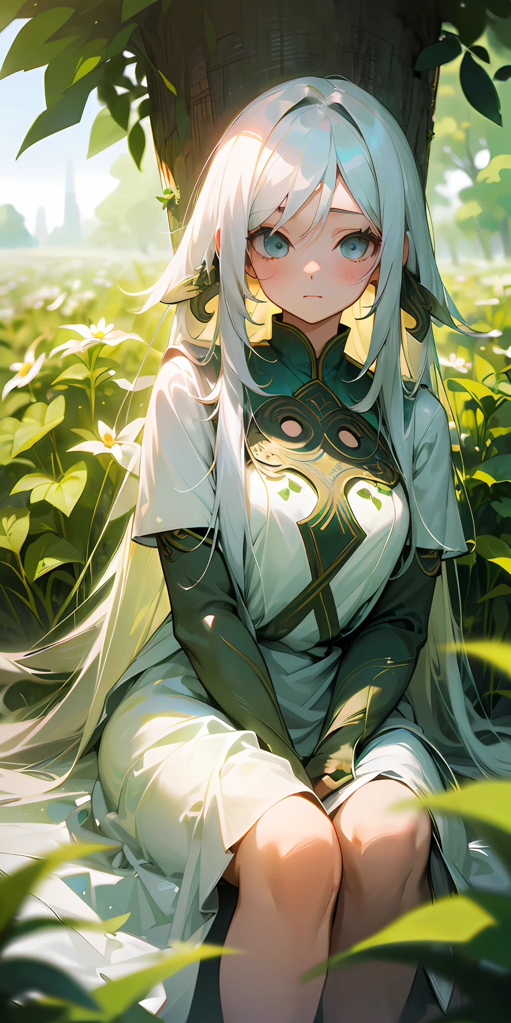 (걸작, 최고 품질), 긴 흰 머리를 가진 한 소녀가 녹색 식물과 꽃밭에 앉아 있습니다., 턱 밑에 손을 대다, 따뜻한 조명, 하얀 드레스, 흐릿한 전경, , 가볍게 옷을 입고
