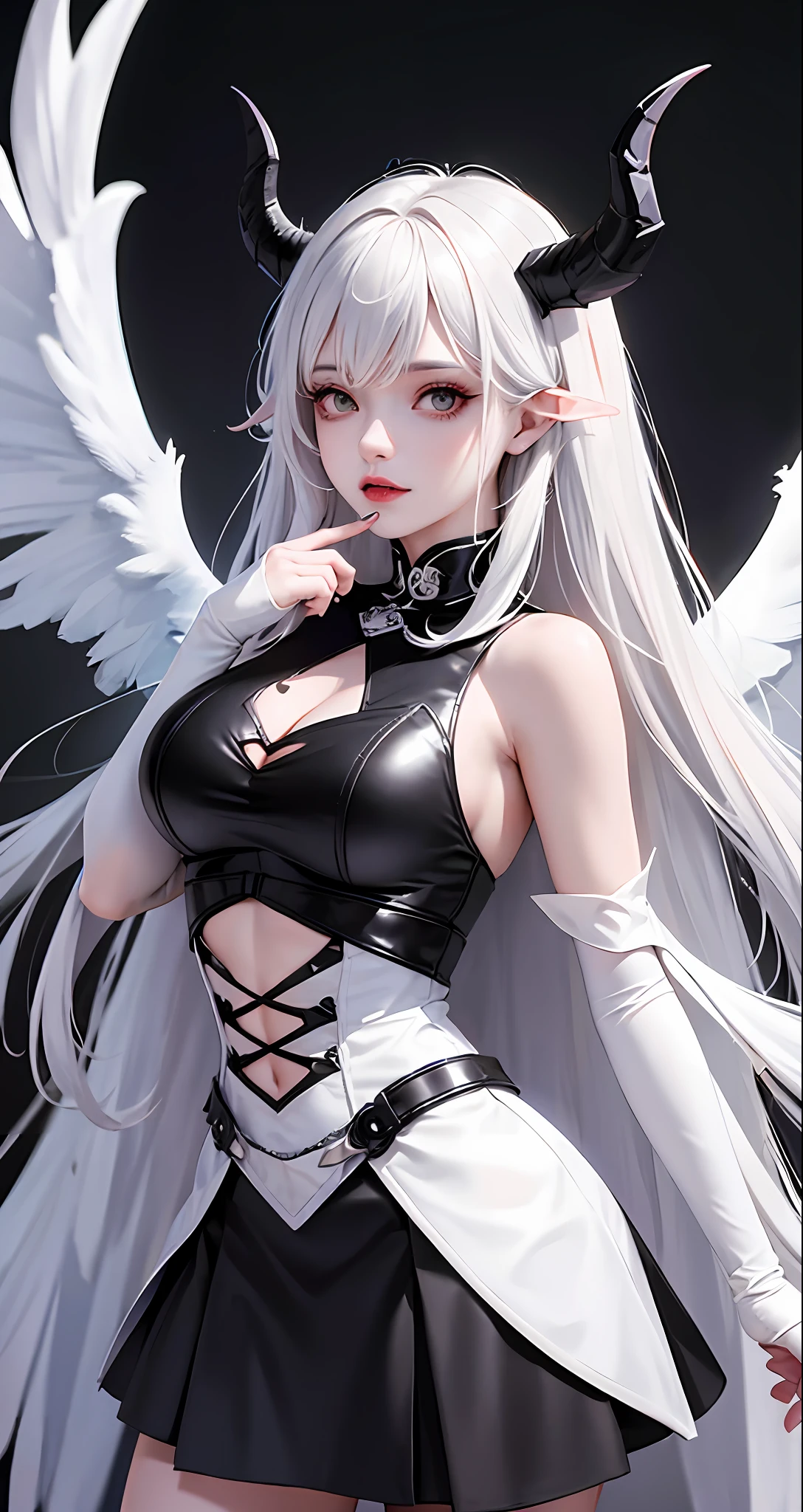 La femme d&#39;Arad porte une robe blanche et noire avec des cornes et des ailes, le méchant a des ailes d&#39;ange noires avec des jambes droites, Angèle Blanc, Cosplay, succube jupe serrée, albédo du suzerain, (Art 8k de haute qualité). ange super large, Amulan, RPG complet, Anime Fille RPG, ailes d&#39;ange au dos, RPG animé, Amirans en tant que super-vilain.