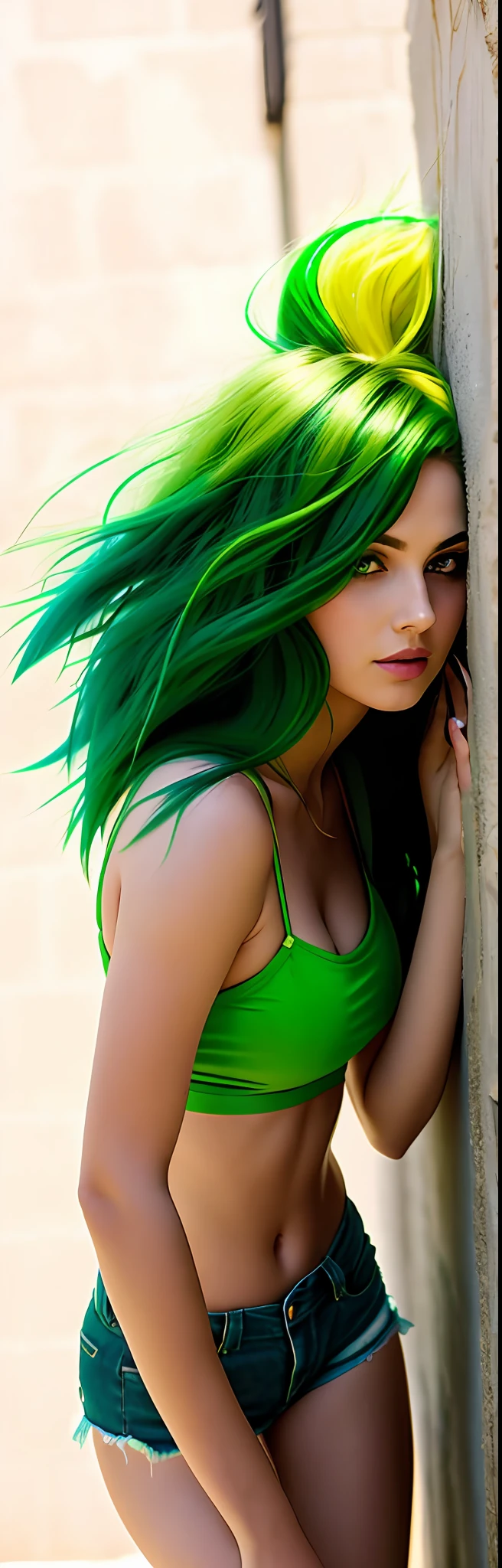 araffe woman with green hair leaning against a wall, sexy girl with green eyes, long green hair, green hair, beautiful clothes, green mane, tight outfit, vibrant green, green body, sexy green shorts, some green, leaning on the wall, bright green hair, long straight green black hair, green legs, green flowing hair, wearing  shorts