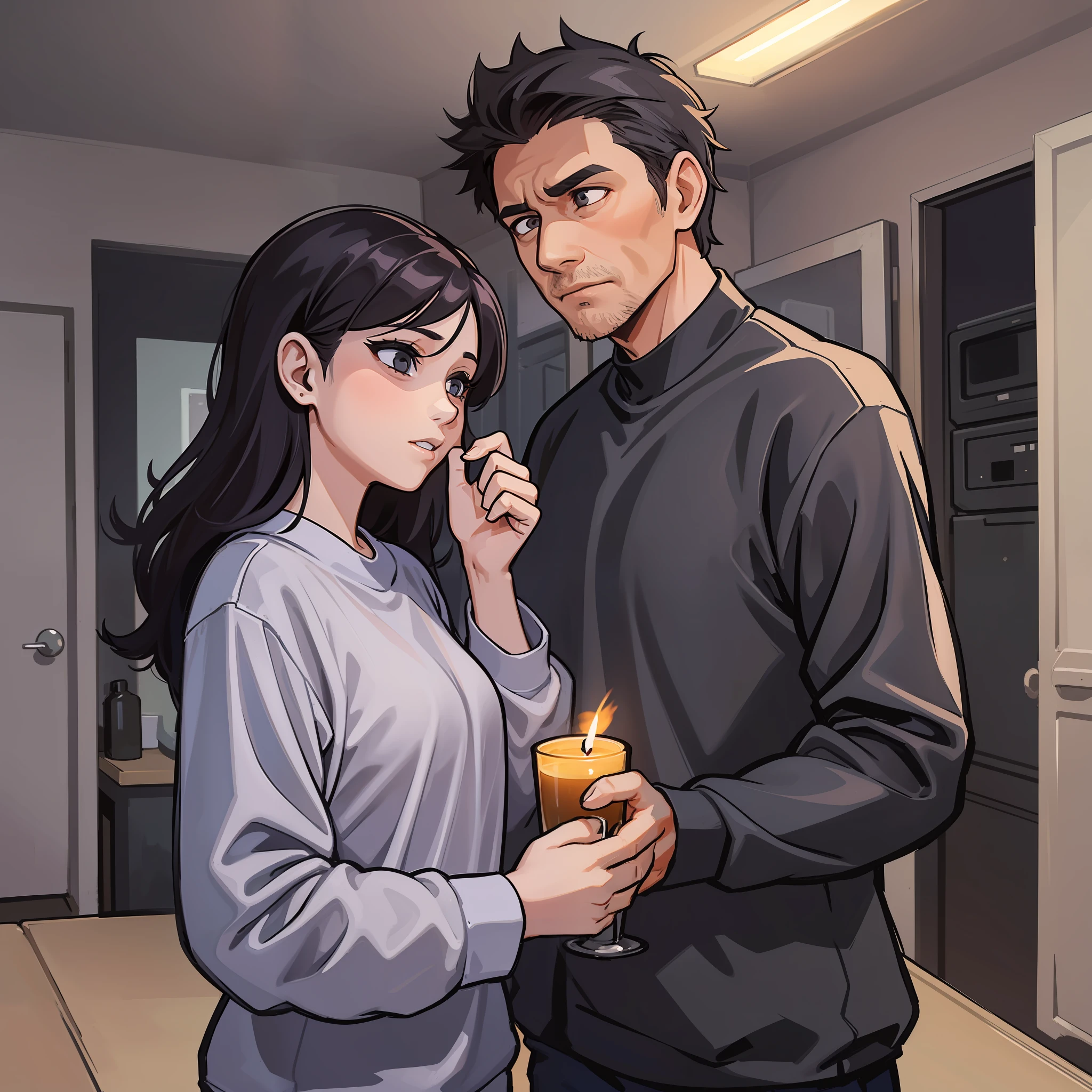 Middle-aged man and middle-aged woman, wearing gray long-sleeved clothes, skinny, black inch, looking at each other, in the room, at night, horror atmosphere, sense of coolness, sense of desolation, doomsday atmosphere, flat lines, dim environment, only candle light