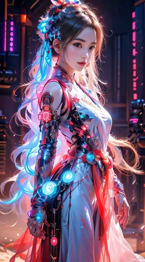 1 girl solo, perfect_hand, (8k, RAW photo, best quality, masterpiece:1.2), (realistic, photo-realistic:1.4), (extremely detailed CG unity 8k wallpaper),full body, (neon lights), machop, mechanical arms, hanfu, Chinese clothes, dress,