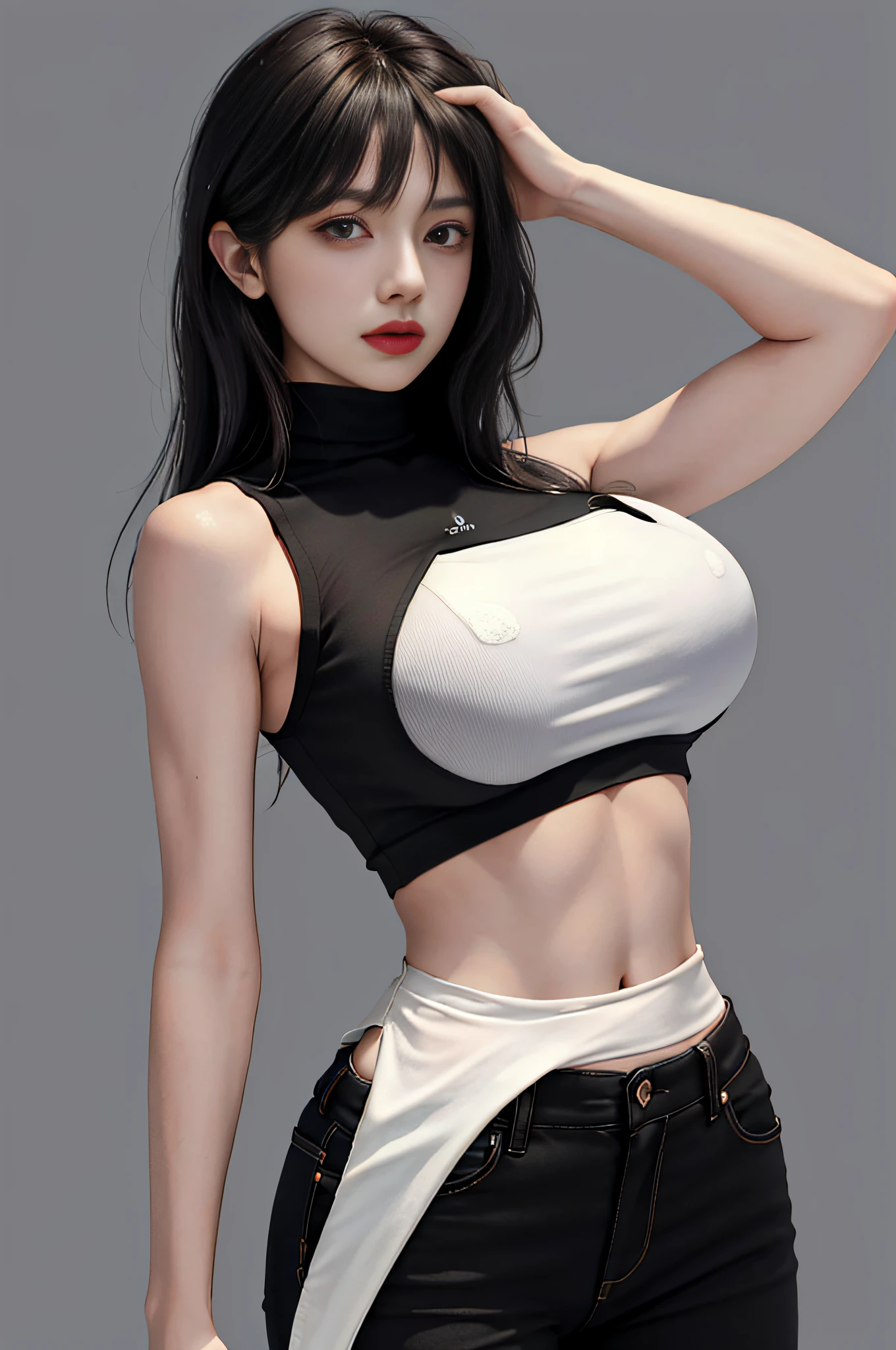 Girls, Bangs, Bare Shoulders, Black Pants, Breasts, Breasts squeezed together, Grey background, Hair between the eyes, Huge breasts, Long hair, View Viewer, Pants, Parted lips, Red eyes, Shirt, Simple background, Sleeveless, Sleeveless shirt, Solo, Turtleneck, V arm, White hair,(Shiny skin),(Masterpiece:1.4),(Best quality:1.4),,Facigirl,Red lips,Perfect abs, belly button, (nipple: 1.5), (sheer areola), nipple, huge, sweat,