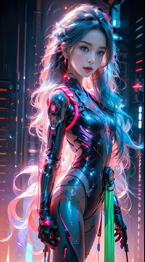 1 girl solo, perfect_hand, (8k, RAW photo, best quality, masterpiece:1.2), (realistic, photo-realistic:1.4), (extremely detailed CG unity 8k wallpaper), ,full body, (neon lights:1.2), machop, mechanical arms, hanfu,