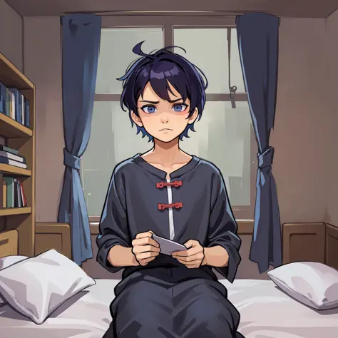 boy, bed, reading letters, serious expression, room background, taoist dress, horror atmosphere, coolness, desolation, doomsday ...