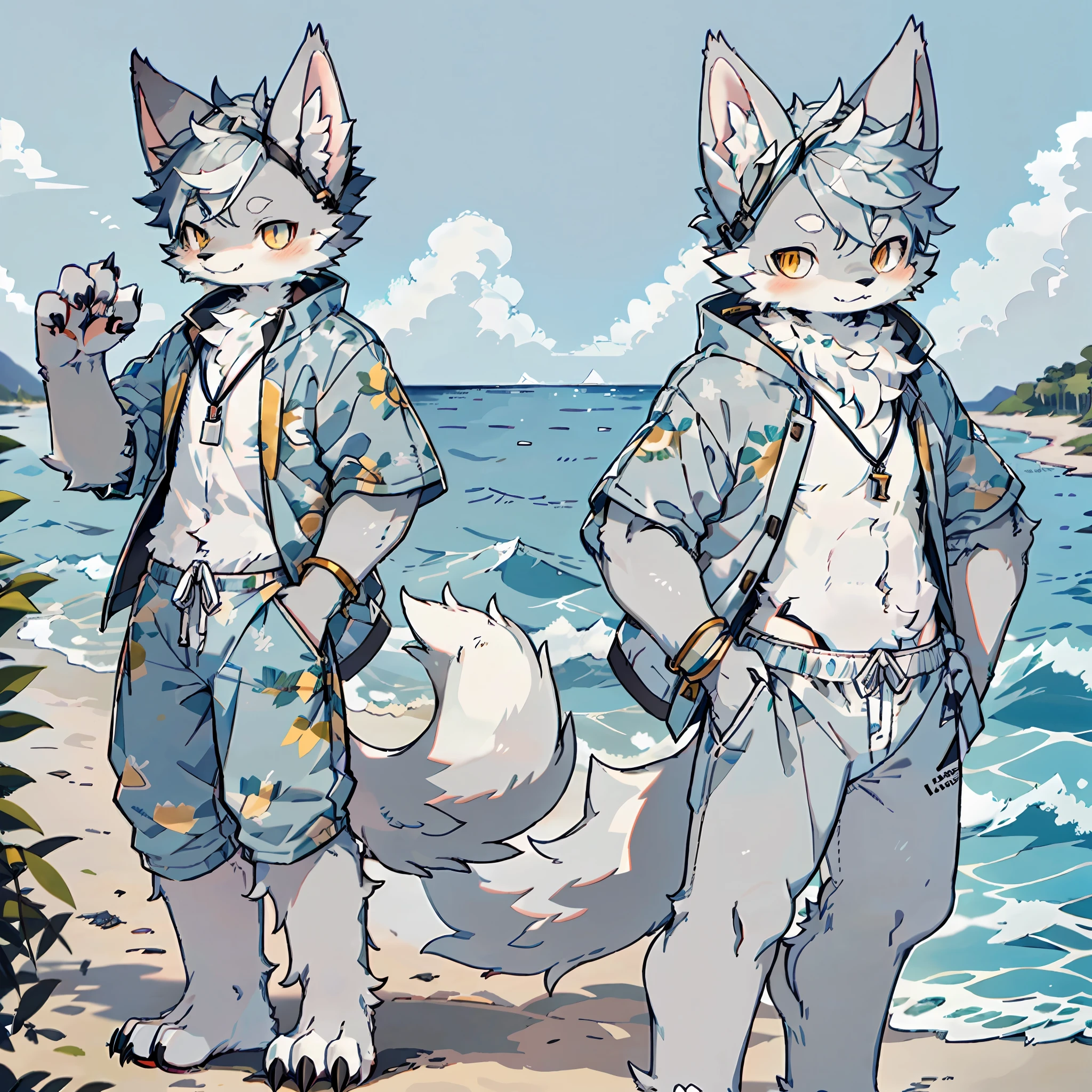 Furry, male arctic fox, gray fur, gray ears, golden eyes, sharp claws, fluffy tail, on the beach, by the sea, wearing swimming trunks, no top