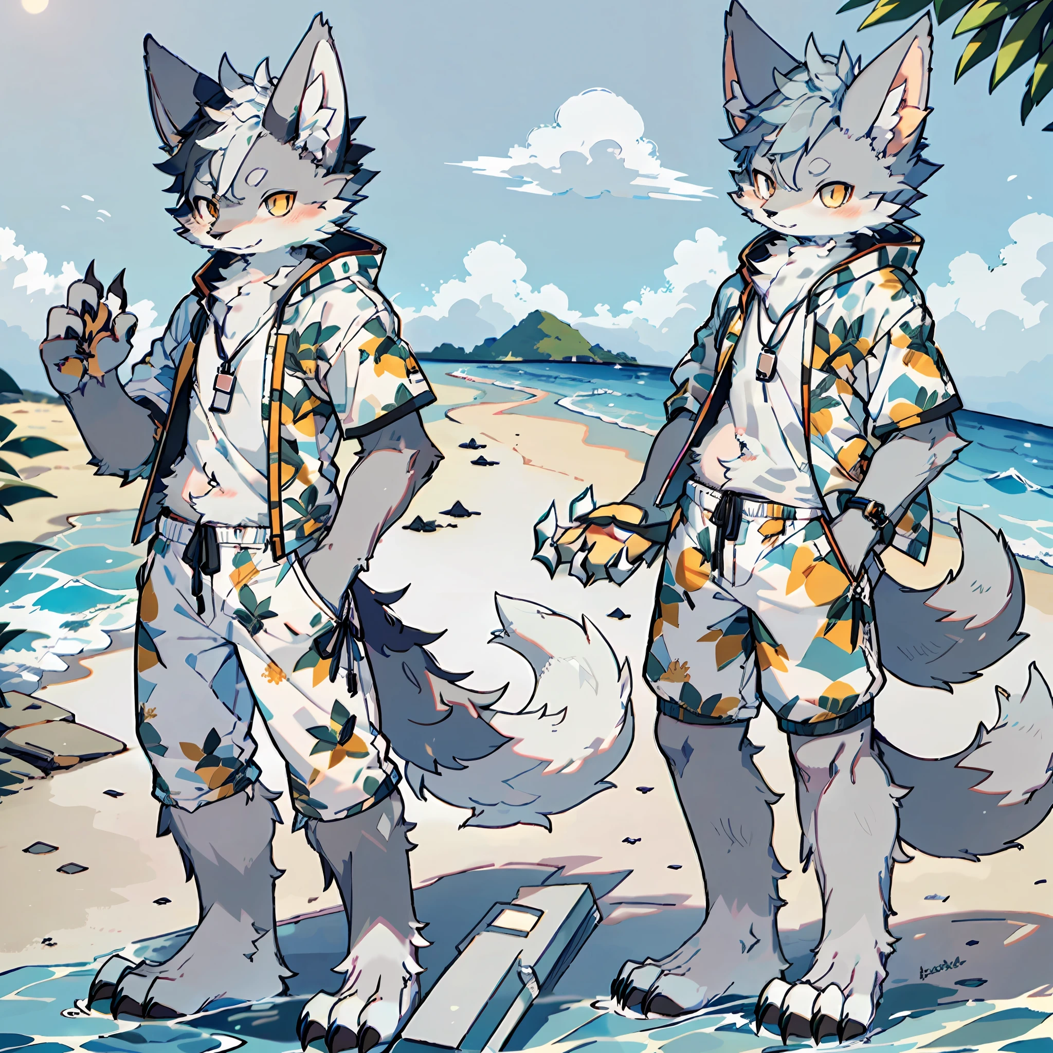 Furry, male arctic fox, gray fur, gray ears, golden eyes, sharp claws, fluffy tail, on the beach, by the sea, wearing swimming trunks, no top