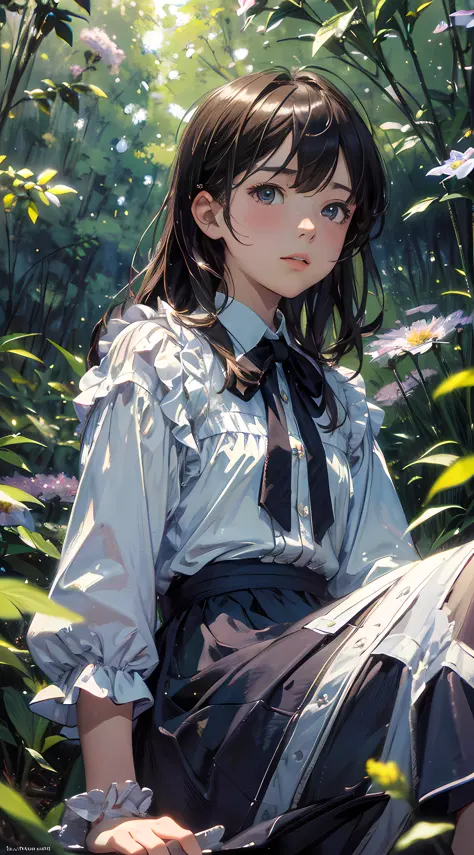 girl, sitting, side shot, (sky:1.6), flowers, (masterpiece, best quality, perspective, depth of field:1.5), beautiful face, thighs, from below, 8k, raw photo, absurdres, woods, impressionism, Tom Thomson, Claude Monet, Joaquín Sorolla, James Wilson Morrice...